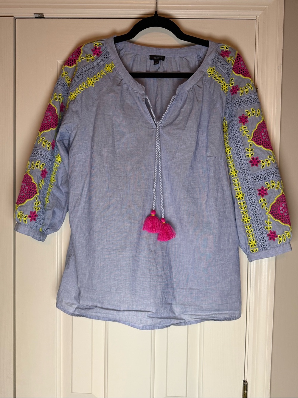 Talbots medium Light Blue Embroidered Peasant Top with Hot Pink Tassels